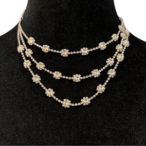 Crystal Triple Strand Necklace Silver Tone Adjustable Length Special Occasion
